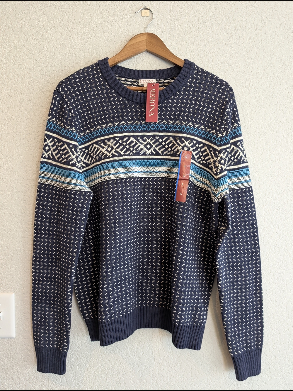 NWT Sz L Men's Merona Navy & Blue Fair Isle Crewneck Knit Sweater